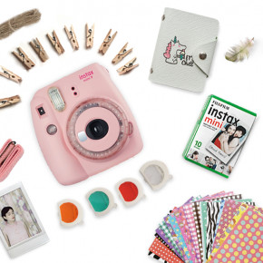 Fuji Instax Mini 9 Clear Pink + LENS + кассета + мини альбом + прищепки + наклейки 