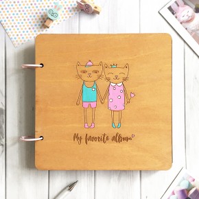 Деревянный альбом ручной работы "Коты" MEOW формат MINI / WIDE   (20 x 20 см)