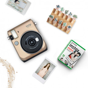 Купить Instax Mini 70 Gold + кассета + прищепки - Polaroid STORE